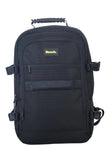 Black backpack with a visible brand logo on a white background