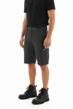 Grey shorts with a yellow Bench logo on a white background